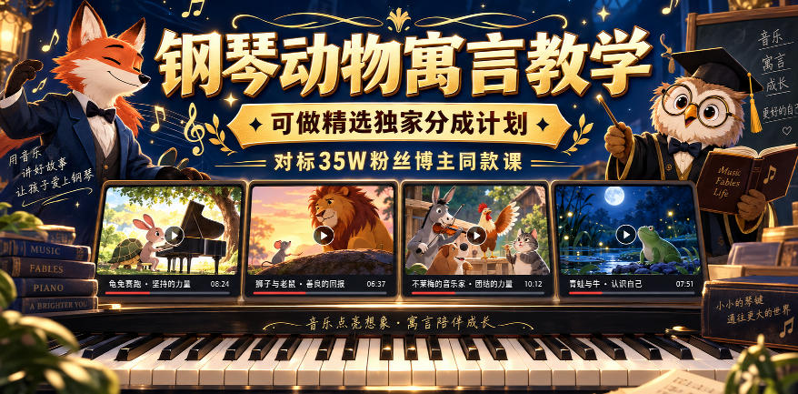 钢琴动物寓言教学,可做精选独家分成计划,对标35W粉丝博主同款课-来聚吧