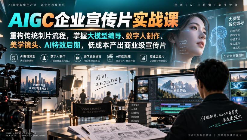 AIGC企业宣传片实战课，重构传统制片流程，掌握大模型编导、数字人制作、美学镜头、AI特效后期，低成本产出商业级宣传片-来聚吧