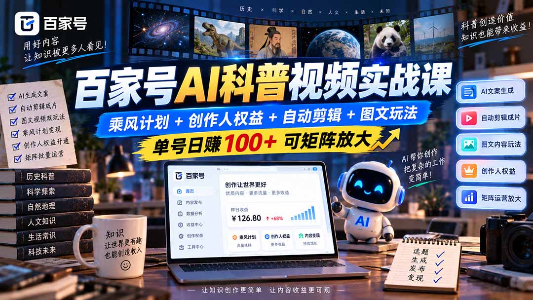 百家号AI科普视频实战课:乘风计划+创作人权益+自动剪辑+图文玩法,单号日赚100+可矩阵放大-来聚吧