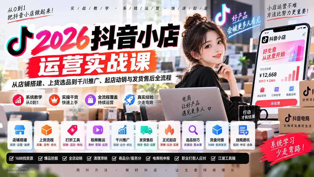 2026抖音小店运营实战课|从店铺搭建、上货选品到千川推广、起店动销与发货售后全流程-来聚吧