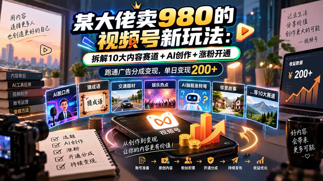 某大佬卖980的视频号新玩法:拆解10大内容赛道+AI创作+涨粉开通,跑通广告分成变现,单日变现200+-来聚吧