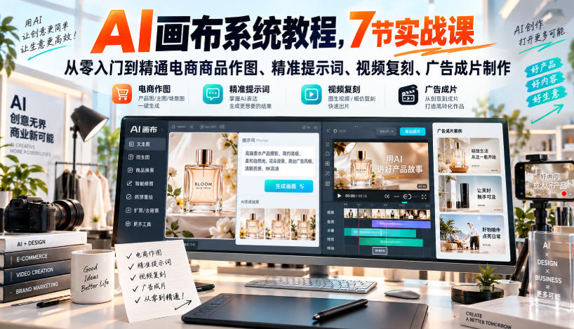AI画布系统教程，7节实战课从零入门到精通电商商品作图、精准提示词、视频复刻、广告成片制作-来聚吧
