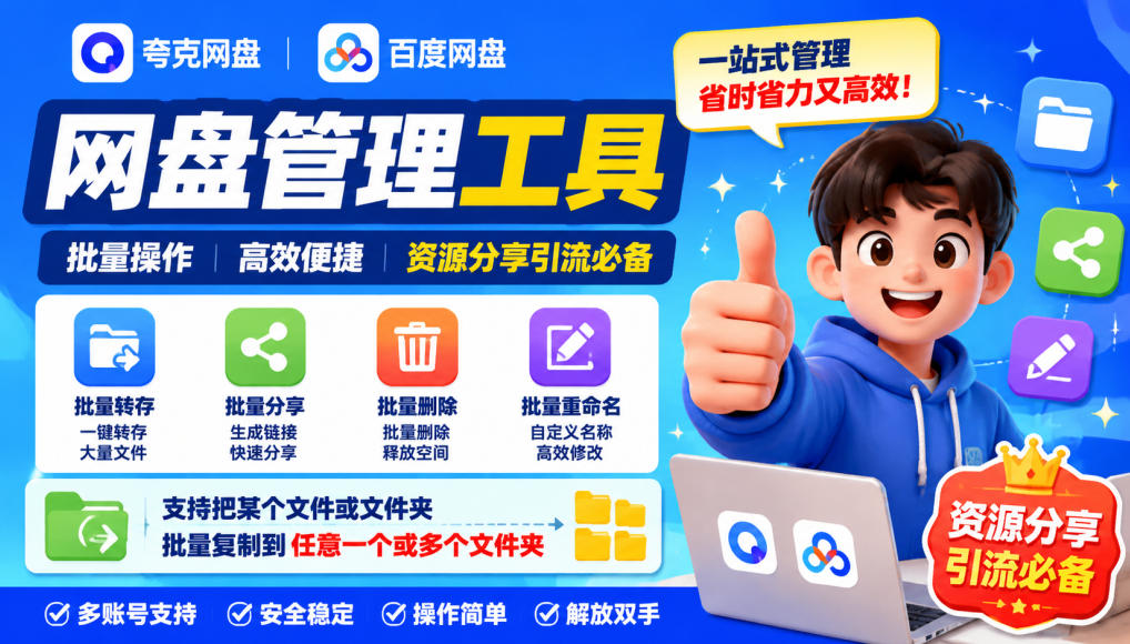 夸克网盘批量文件重命名,批量转存、批量分享、批量复制,内置AI功能-来聚吧
