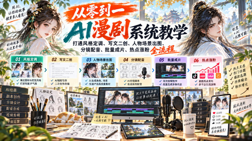 从零到一AI漫剧系统教学，打通风格定调、写文二创、人物场景出图、分镜配音、批量成片、热点涨粉全流程-来聚吧