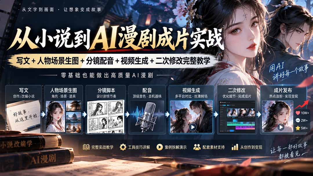 从小说到AI漫剧成片实战:写文+人物场景生图+分镜配音+视频生成+二次修改完整教学-来聚吧
