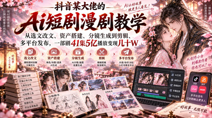 抖音某大佬的Ai短剧漫剧教学，从选文改文、资产搭建、分镜生成到剪辑、多平台发布，一部剧41集5亿播放变现几十W-来聚吧