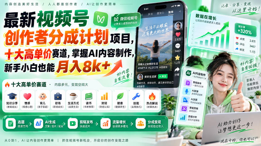 最新视频号创作者分成计划项目,十大高单价赛道,掌握AI内容制作,新手小白也能月入8k+-来聚吧