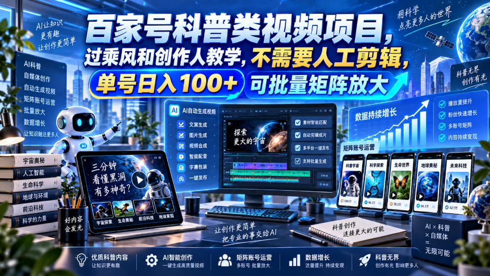 百家号科普类视频项目,过乘风和创作人教学,不需要人工剪辑,单号日入100+可批量矩阵放大-来聚吧