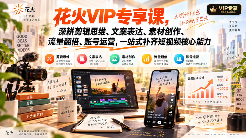 花火VIP专享课,深耕剪辑思维、文案表达、素材创作、流量翻倍、账号运营,一站式补齐短视频核心能力-来聚吧