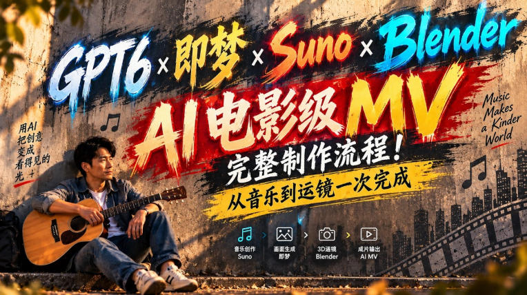 GPT6×即梦×Suno×Blender｜AI电影级MV完整制作流程！从音乐到运镜一次完成！-来聚吧