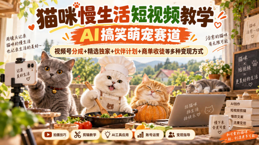 猫咪慢生活短视频教学，AI搞笑萌宠赛道，视频号分成+精选独家+伙伴计划+商单收徒等多种变现方式-来聚吧