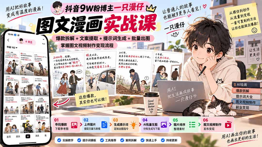抖音9W粉博主一只漫仔图文漫画课:爆款拆解+文案提取+提示词生成+批量出图,掌握图文视频制作变现流程-来聚吧
