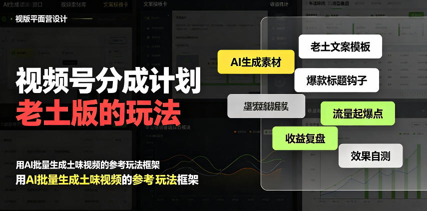 视频号分成计划老土版的玩法，流量爆炸，每天收益300+，纯靠AI生成，越土的玩法，越高级-来聚吧