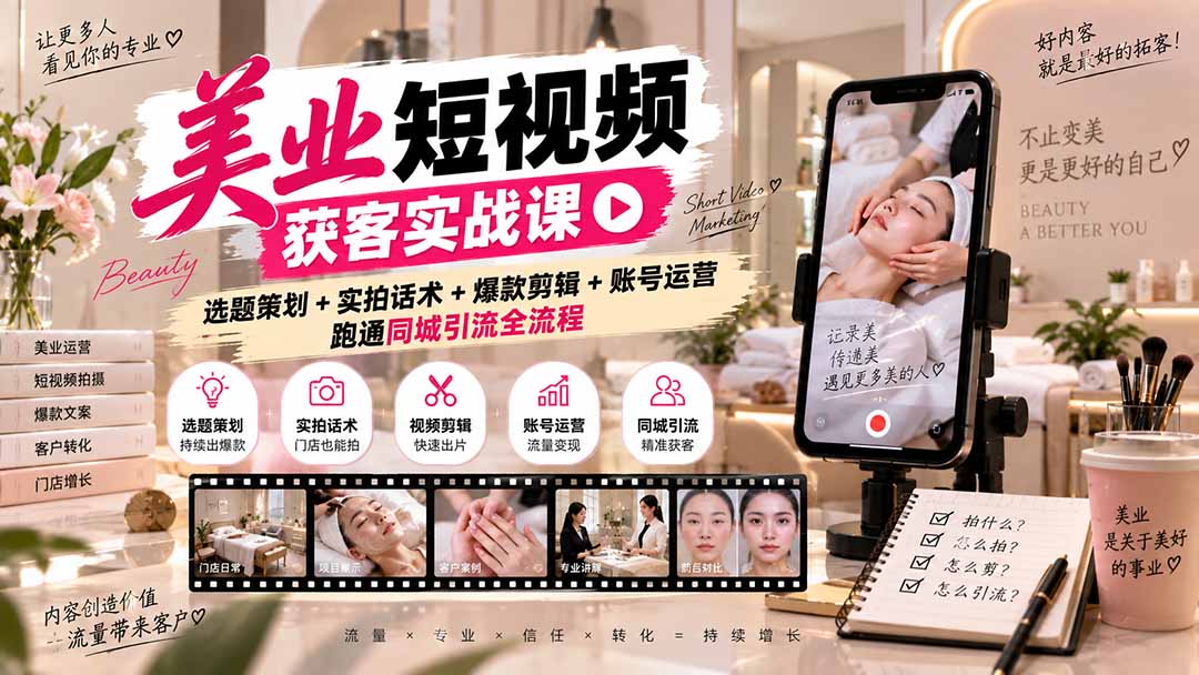 美业短视频获客实战课-无水印:选题策划+实拍话术+爆款剪辑+账号运营,跑通同城引流全流程-来聚吧