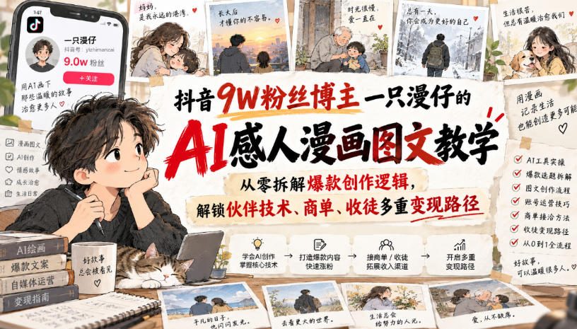 抖音9W粉丝博主一只漫仔的AI感人漫画图文教学，从零拆解爆款创作逻辑，解锁伙伴技术、商单、收徒多重变现路径-来聚吧