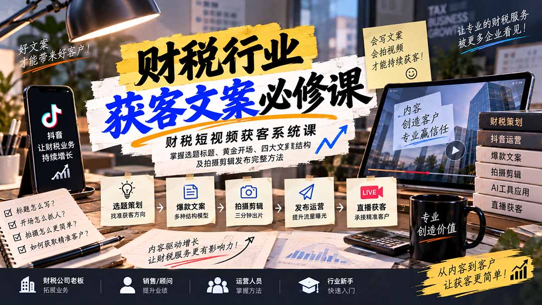 财税短视频获客系统课:掌握选题标题、黄金开场、四大文案结构及拍摄剪辑发布完整方法-来聚吧
