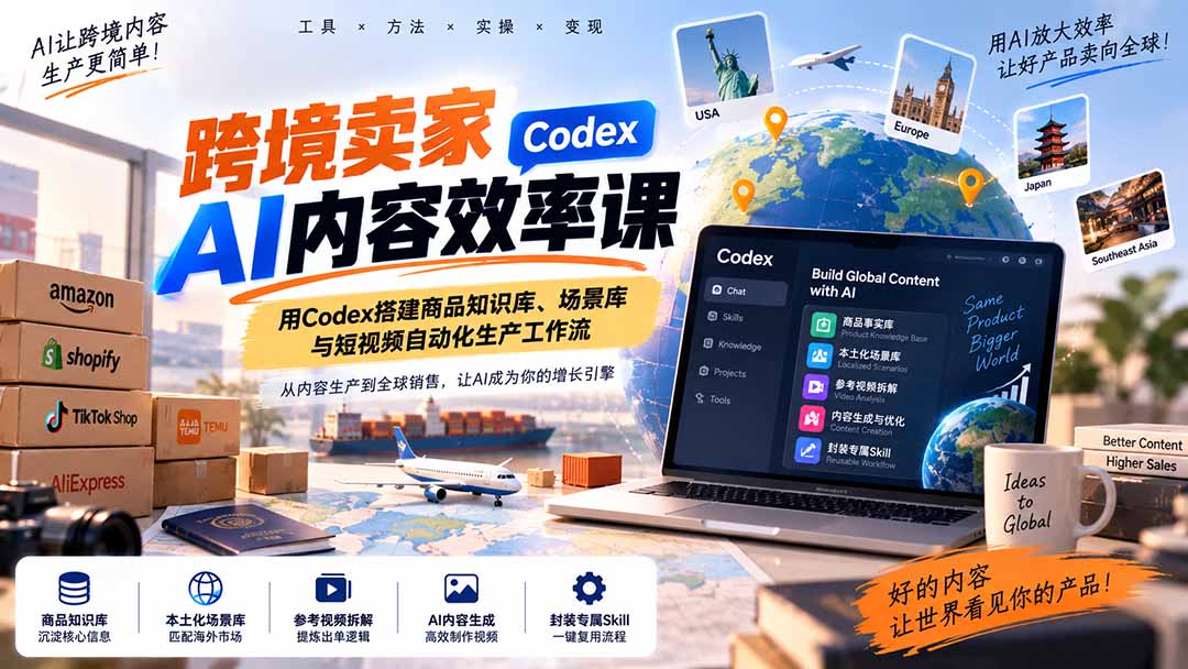 跨境卖家AI内容效率课:用Codex搭建商品知识库、场景库与短视频自动化生产工作流-来聚吧