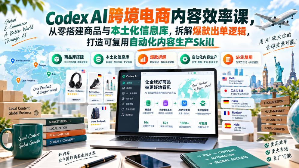 Codex AI跨境电商内容效率课,从零搭建商品与本土化信息库,拆解爆款出单逻辑,打造可复用自动化内容生产Skill-来聚吧