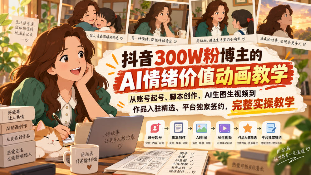 抖音300W粉博主的AI情绪价值动画教学,从账号起号、脚本创作、AI生图生视频到作品入驻精选、平台独家签约,完整实操-来聚吧