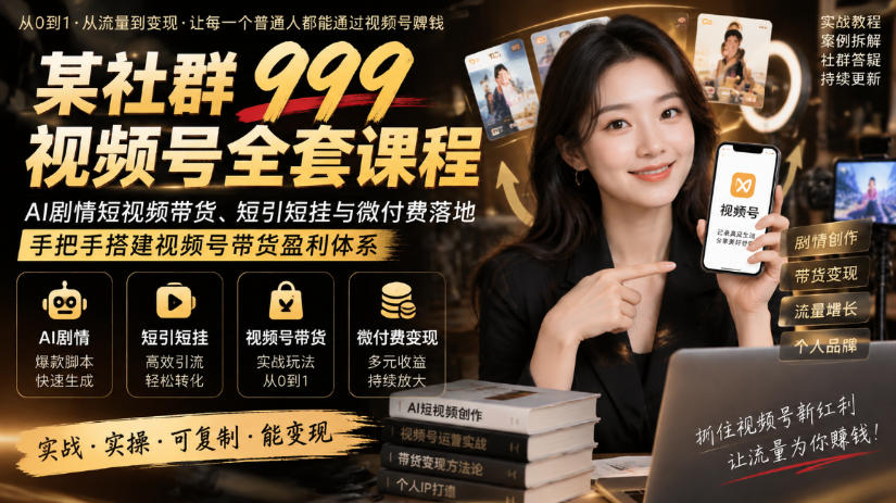 某社群999视频号全套课程,AI剧情短视频带货、短引短挂与微付费落地,手把手搭建视频号带货盈利体系-来聚吧