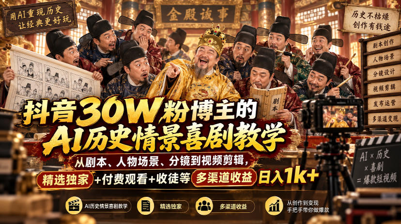 抖音30W粉博主的AI历史情景喜剧教学,从剧本、人物场景、分镜到视频剪辑,精选独家+付费观看+收徒等多渠道收益日入1k+-来聚吧