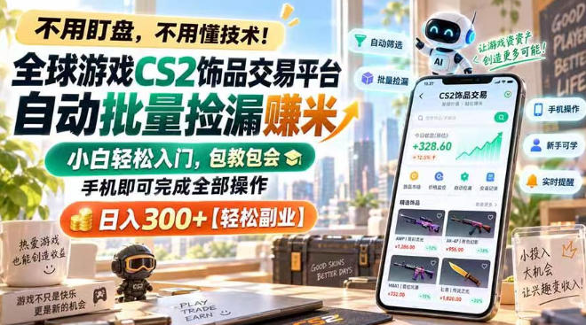 全球游戏CS2饰品交易平台自动批量捡漏賺米，小白轻松入门，包教包会，手机即可完成全部操作，日入300+【揭秘】-来聚吧