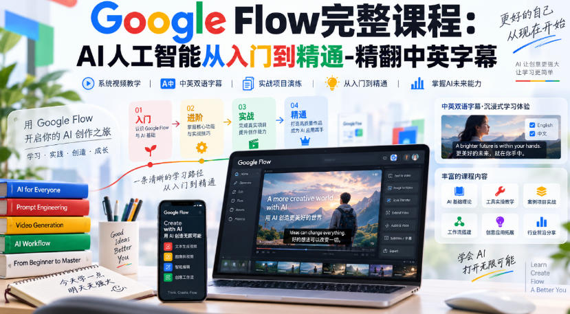【无水印】Google Flow完整课程:AI人工智能从入门到精通-精翻中英字幕-来聚吧