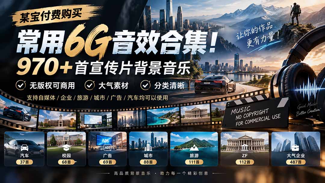 某宝付费购买,常用6G音效合集!970+首宣传片背景音乐,无版权可商用大气素材,分类清晰-来聚吧
