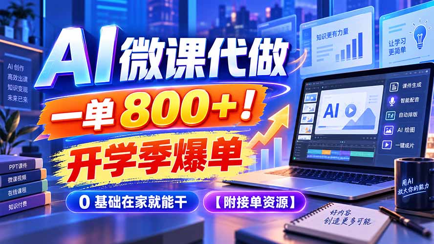 AI 微课代做,一单 800+!开学季爆单,0 基础在家就能干【附接单资源】-来聚吧