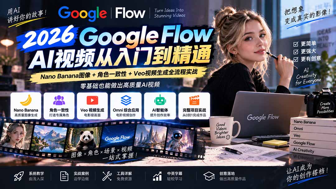 【无水印】Google Flow AI视频从入门到精通:Nano Banana图像+角色一致性+Veo视频生成全流程实战-精翻中英字幕-来聚吧