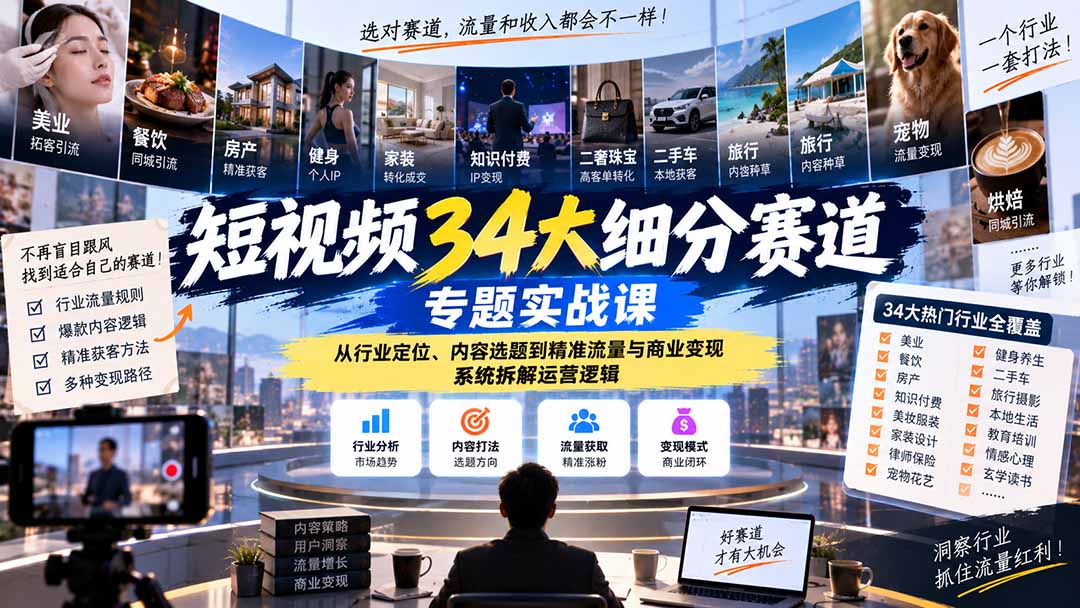 短视频34大细分赛道专题实战课:从行业定位、内容选题到精准流量与商业变现,系统拆解运营逻辑-来聚吧