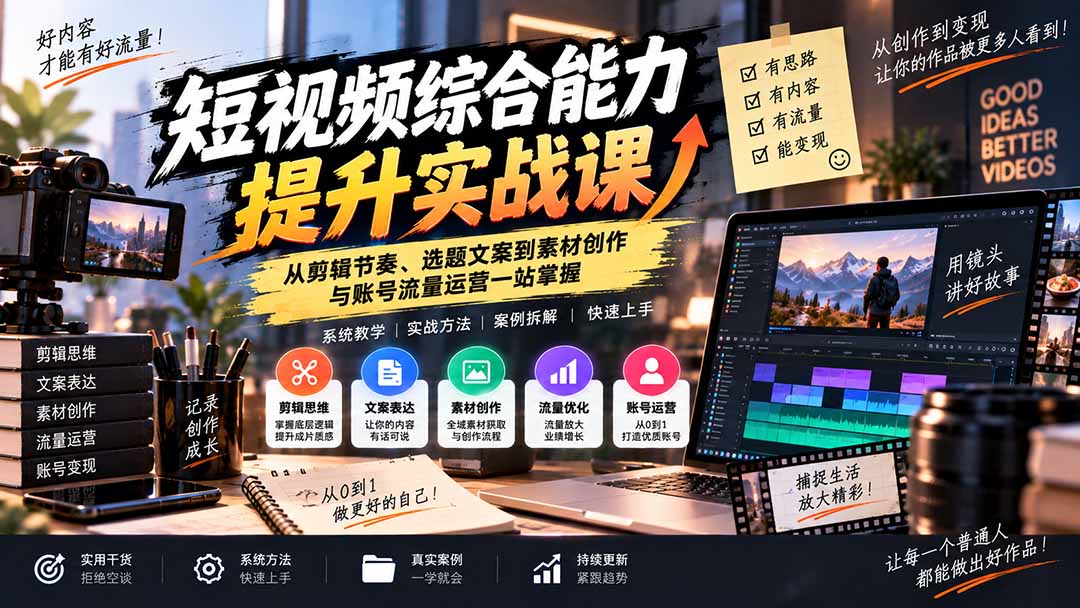 短视频综合能力提升实战课:从剪辑节奏、选题文案到素材创作与账号流量运营一站掌握-来聚吧