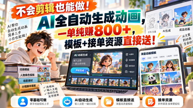不会剪辑也能做!AI全自动生成动画,一单纯賺800+,模板+接单资源直接送!【揭秘】-来聚吧