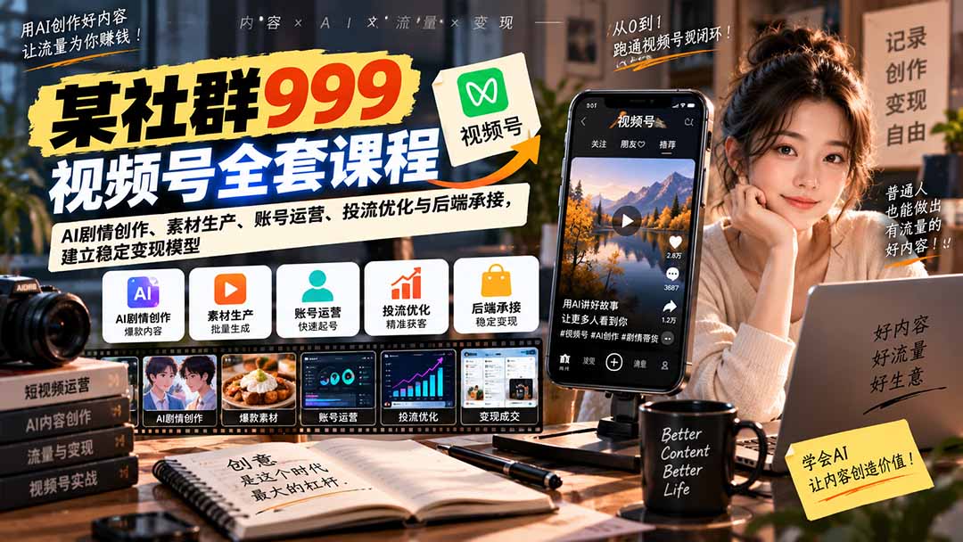 【无水印】某社群999视频号全套课程:AI剧情创作、素材生产、账号运营、投流优化与后端承接,建立稳定变现模型-来聚吧