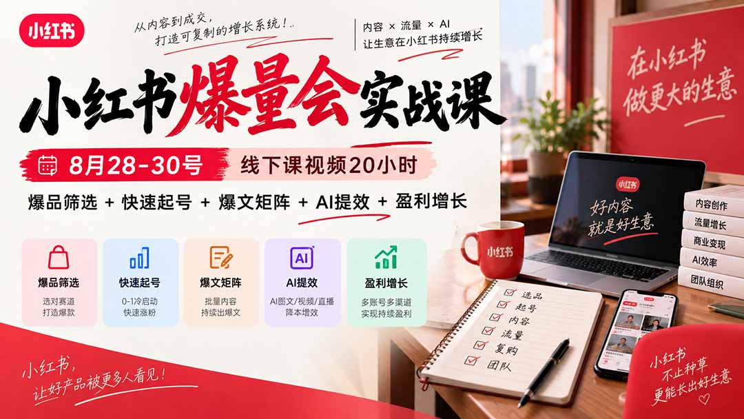 小红书爆量会实战课-更新9月23:线下课视频20小时,爆品筛选+快速起号+爆文矩阵+AI提效+盈利增长-来聚吧