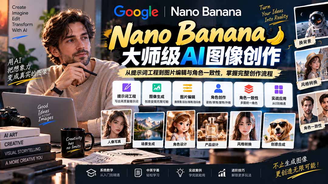 【无水印】Nano Banana大师级AI图像实战课:从提示词工程到图片编辑与角色一致性,掌握完整创作流程-来聚吧