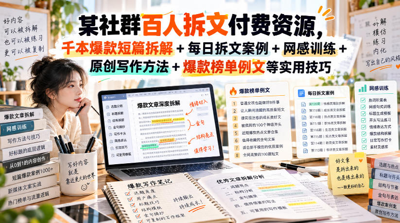 某社群百人拆文付费资源,千本爆款短篇拆解+每日拆文案例+网感训练+原创写作方法+爆款榜单例文等实用技巧(持续更新)-来聚吧