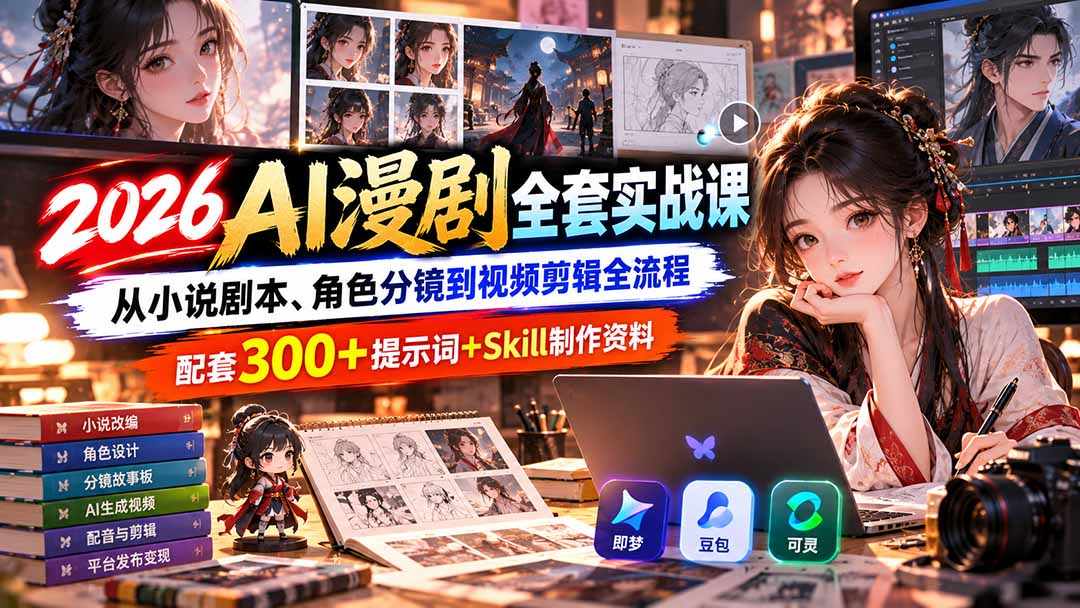 【无水印】2026AI漫剧全套实战课:从小说剧本、角色分镜到视频剪辑全流程,配套300+提示词+Skill制作资料-来聚吧