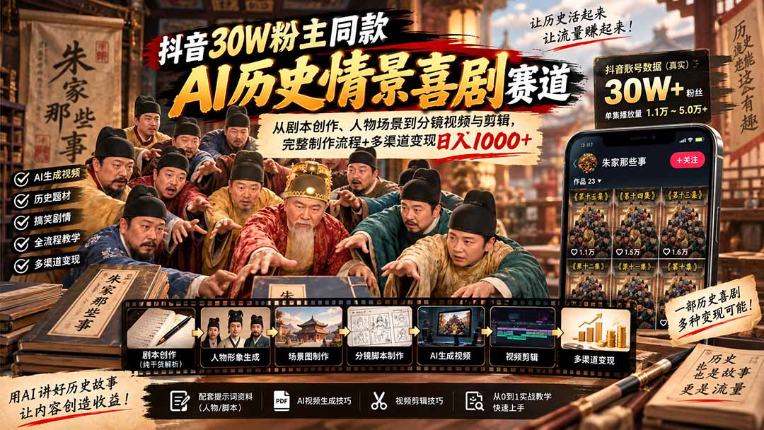 抖音30W粉博主同款AI历史情景喜剧赛道:从剧本创作、人物场景到分镜视频与剪辑,完整制作流程+多渠道变现日入1000+-来聚吧