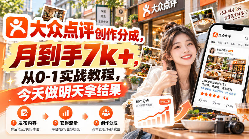 大众点评创作分成,月到手7k+,从0-1实战教程,今天做明天拿结果-来聚吧