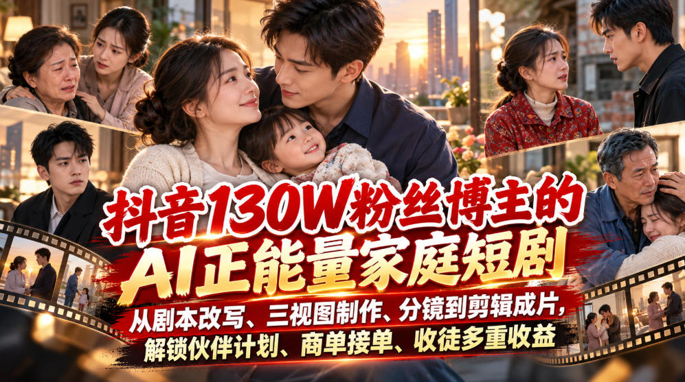 抖音130W粉丝博主的AI正能量家庭短剧,从剧本改写、三视图制作、分镜到剪辑成片,解锁伙伴计划、商单接单、收徒多重收益-来聚吧