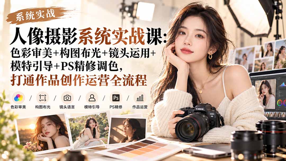 【无水印】人像摄影系统实战课:色彩审美+构图布光+镜头运用+模特引导+PS精修调色,打通作品创作运营全流程-来聚吧