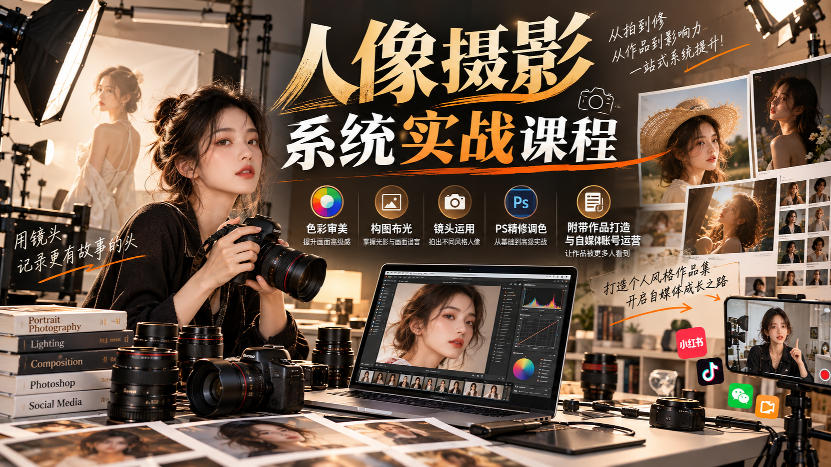 【无水印】人像摄影系统实战课程,色彩审美、构图布光、镜头运用、PS精修调色,附带作品打造与自媒体账号运营-来聚吧