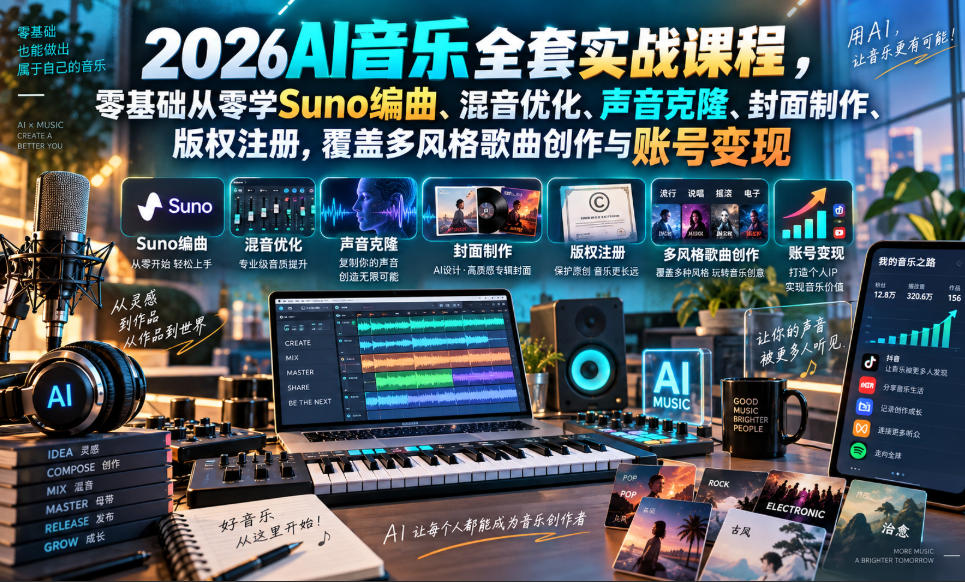 2026AI音乐实战课程,零基础从零学Suno编曲、混音优化、声音克隆、版权注册,覆盖多风格歌曲创作与账号变现(更新0924)-来聚吧