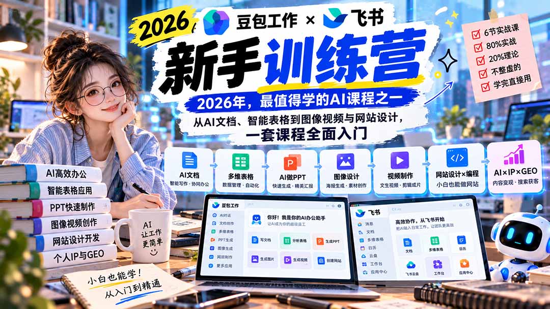 2026豆包工作+飞书新手训练营-9月新课：从AI文档、智能表格到图像视频与网站设计，一套课程全面入门-来聚吧