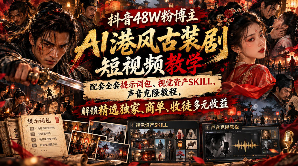 抖音48W粉博主AI港风古装剧短视频教学,配套全套提示词包、视觉资产SKILL、声音克隆教程,解锁精选独家、商单、收徒多元收益-来聚吧