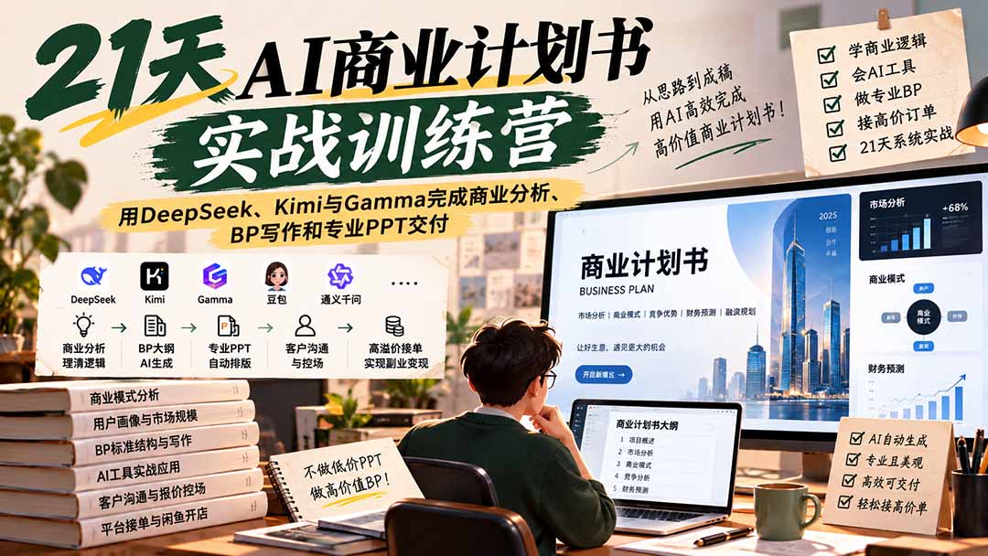 【无水印】21天AI商业计划书实战训练营:用DeepSeek、Kimi与Gamma完成商业分析、BP写作和专业PPT交付-来聚吧