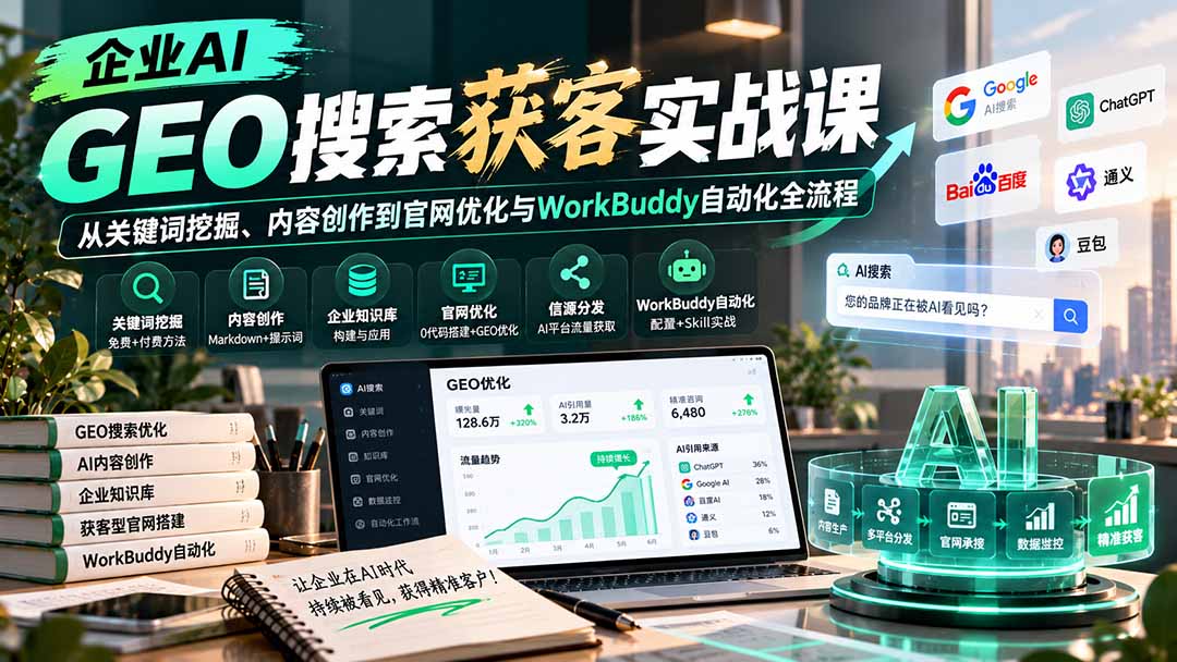 企业AI GEO搜索获客实战课:从关键词挖掘、内容创作到官网优化与WorkBuddy自动化全流程-来聚吧
