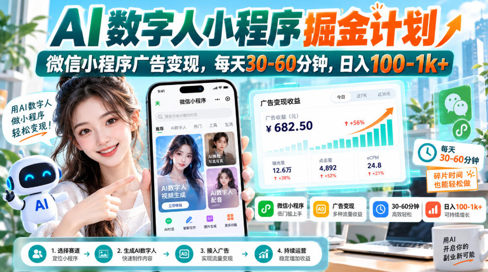 【无水印】AI数字人小程序掘金计划,微信小程序广告变现,每天30‑60分钟,日入100‑1k+-来聚吧