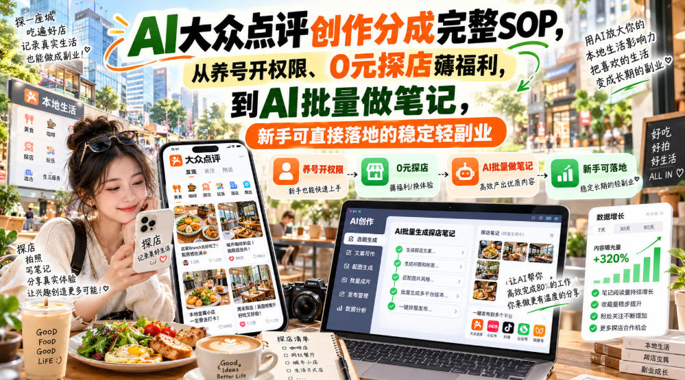 【无水印】AI大众点评创作分成完整SOP,从养号开权限、0元探店薅福利,到AI批量做笔记,新手可直接落地的稳定轻副业-来聚吧